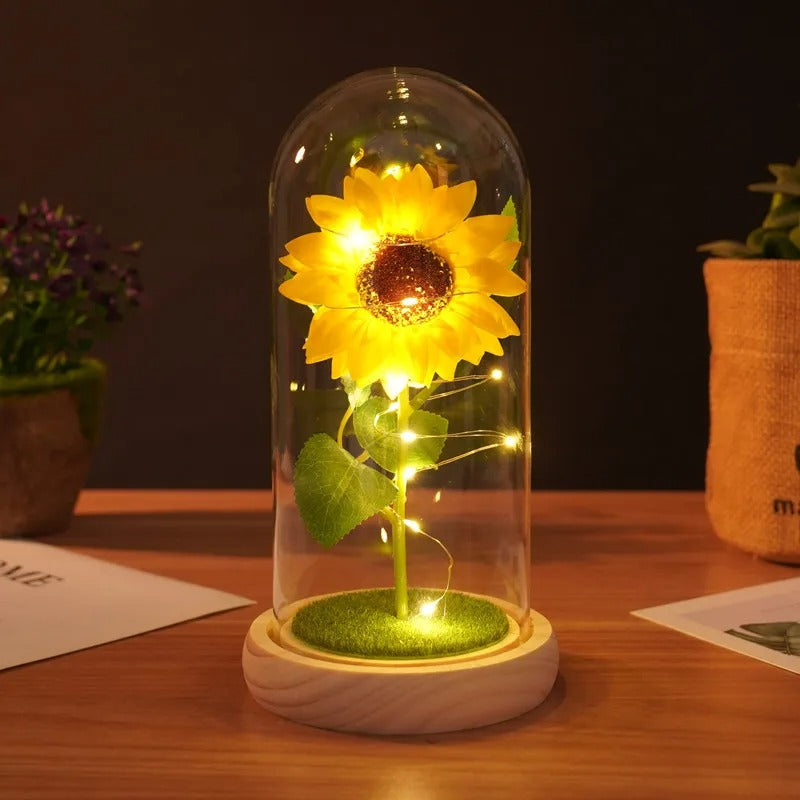 Cúpula de Vidrio con Girasol y Luces LED – Edición Romance