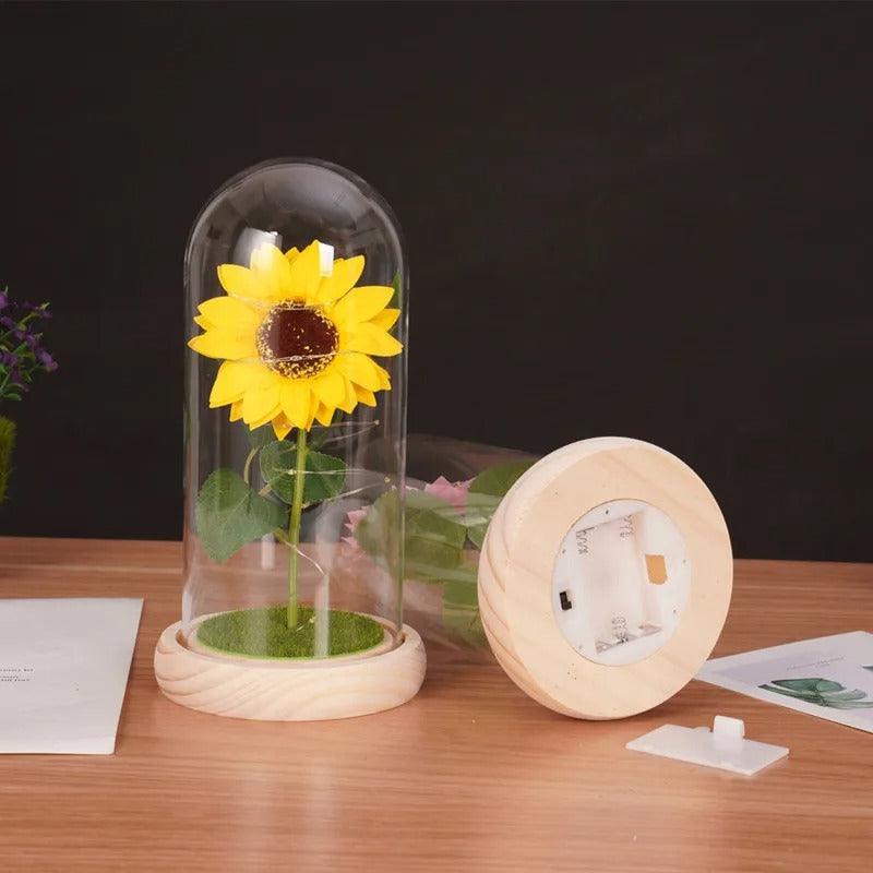 Cúpula de Vidrio con Girasol y Luces LED – Edición Romance