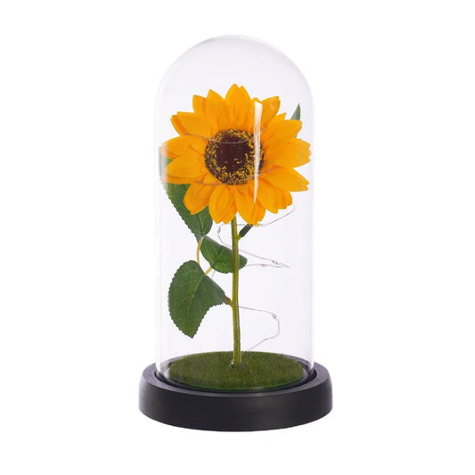 Cúpula de Vidrio con Girasol y Luces LED – Edición Romance